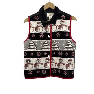 Vintage Tantrums Small Black Red Snowman Pine Tree Button Up Christmas Vest